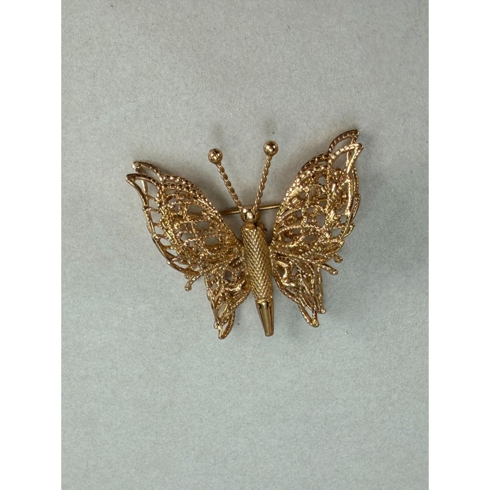 Vintage MONET Gold Tone Filigree Butterfly Brooch Figural Openwork Pin